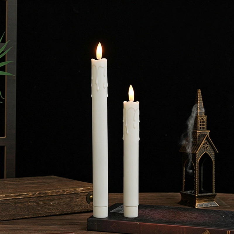 Dripping wax LED taper candle white dual height pair