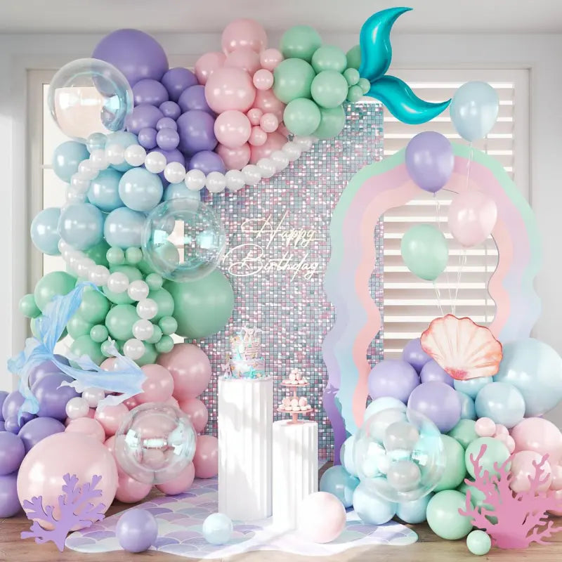 Mermaid balloon kit pastel shimmer wall arch setup view