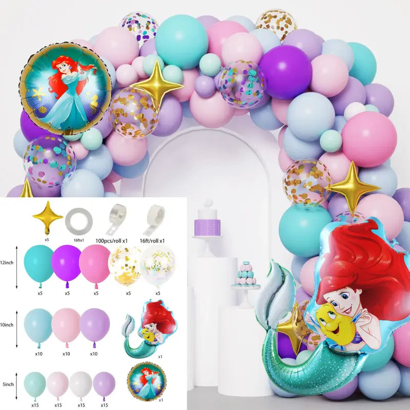 Mermaid balloon kit princess character arch with specification chart