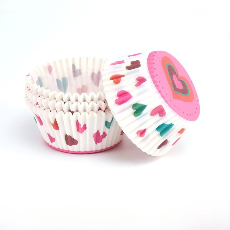 Wholesale metallic foil and greaseproof cupcake cases - White scalloped heart print 100-pack