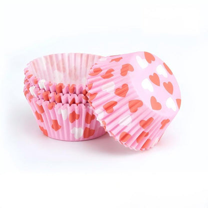 Wholesale metallic foil and greaseproof cupcake cases - Red and white heart pattern 100-pack