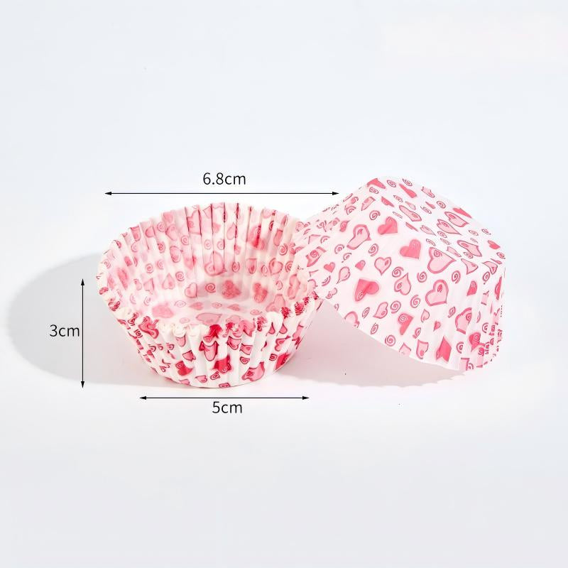 Wholesale metallic foil and greaseproof cupcake cases - Pink heart pattern with dimension specifications
