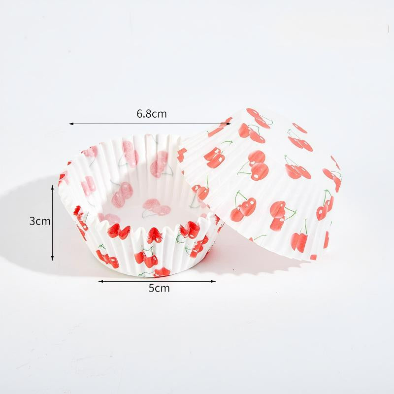 Wholesale metallic foil and greaseproof cupcake cases - Red cherry print with dimension specifications