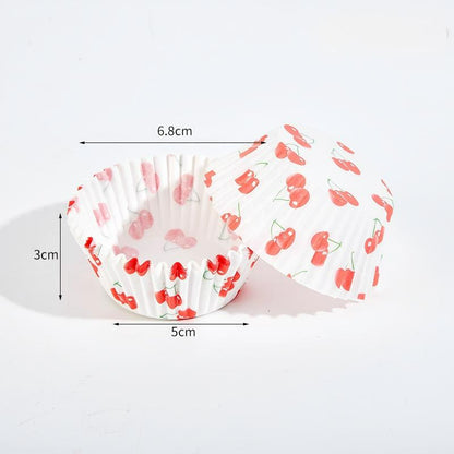 Wholesale metallic foil and greaseproof cupcake cases - Red cherry print with dimension specifications
