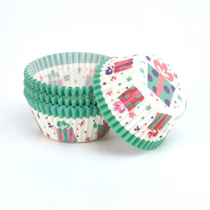 Wholesale metallic foil and greaseproof cupcake cases - Green gift box print 100-pack