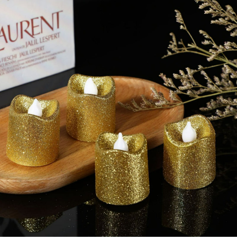 Glitter flameless LED candle gold metallic sparkling warm glow