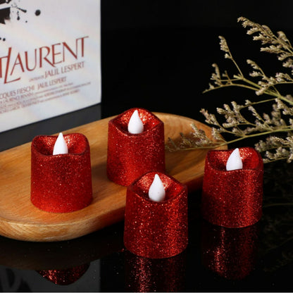 Glitter flameless LED candle red metallic sparkling warm glow