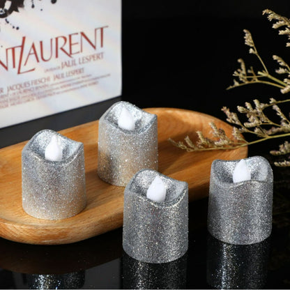 Glitter flameless LED candle silver metallic sparkling warm glow