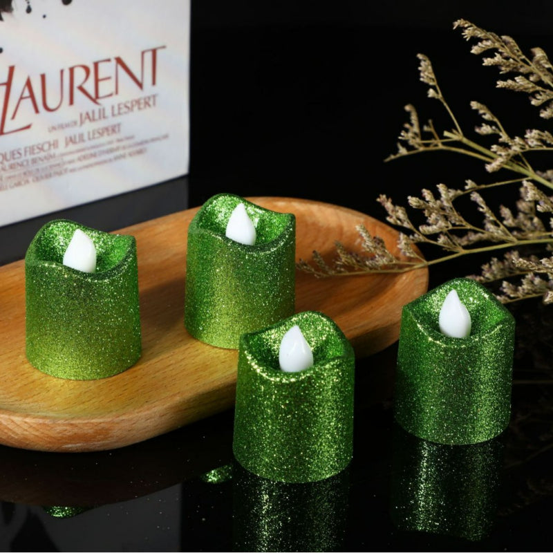 Glitter flameless LED candle green metallic sparkling warm glow