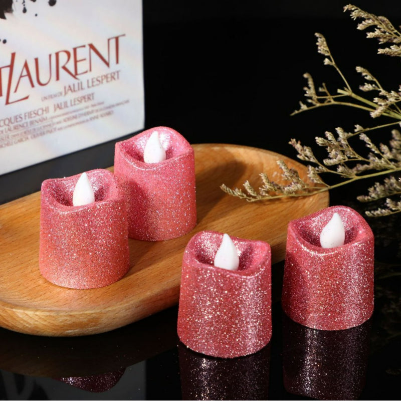 Glitter flameless LED candle pink metallic sparkling warm glow