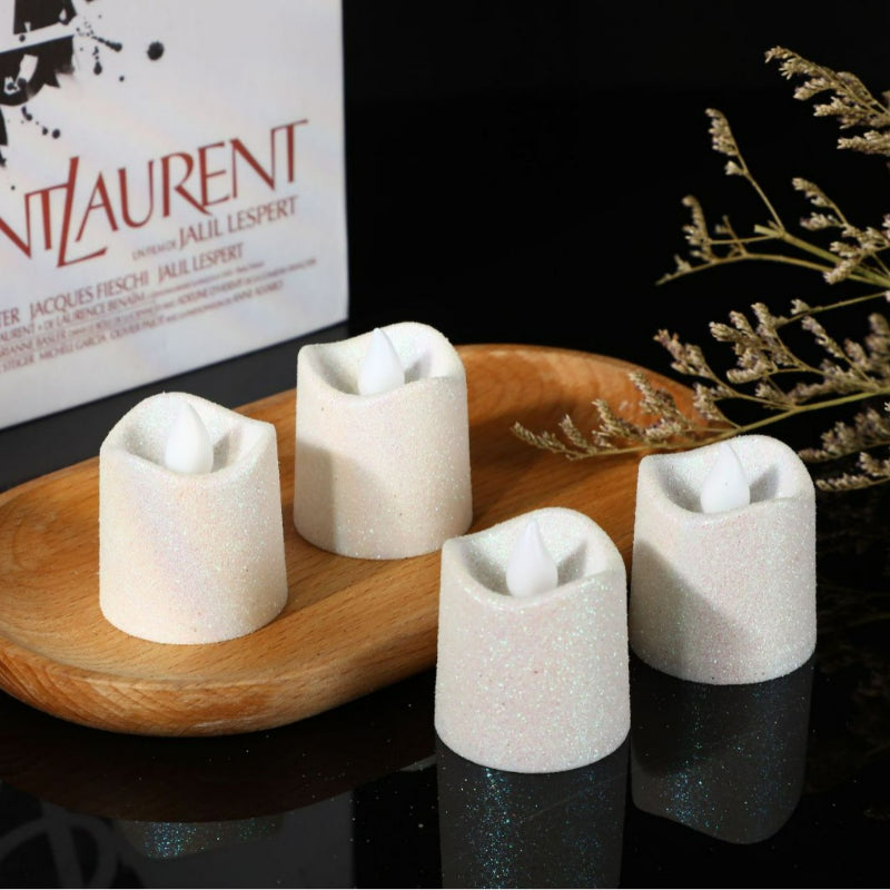 Glitter flameless LED candle white metallic sparkling warm glow