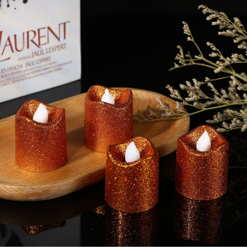 Glitter flameless LED candle orange metallic sparkling warm glow