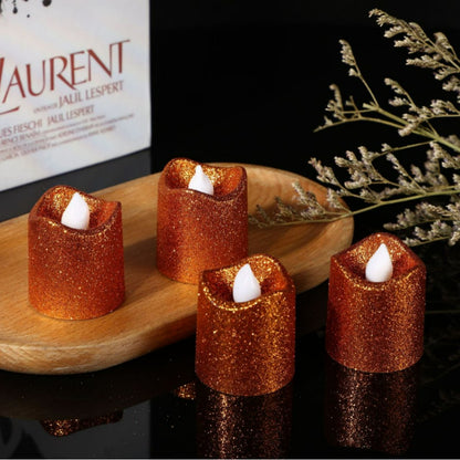 Glitter flameless LED candle orange metallic sparkling warm glow