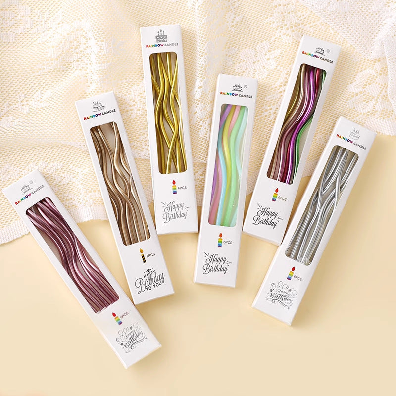 Wholesale metallic spiral birthday candles with holders - Assorted 6 metallic colors in retail box packaging
