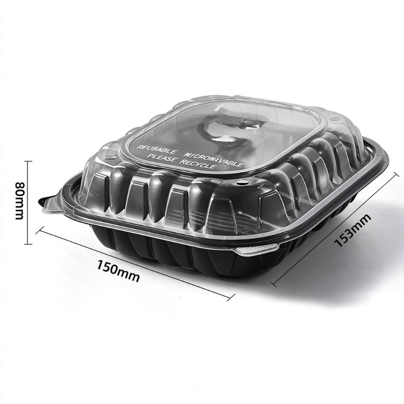 Hinged clamshell container 6x6 single compartment closed view with dimension callouts