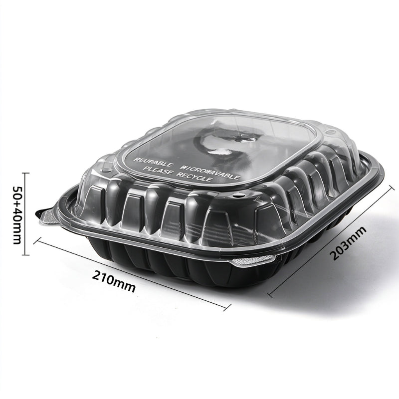 Hinged clamshell container 8x8 single compartment closed view with dimension callouts