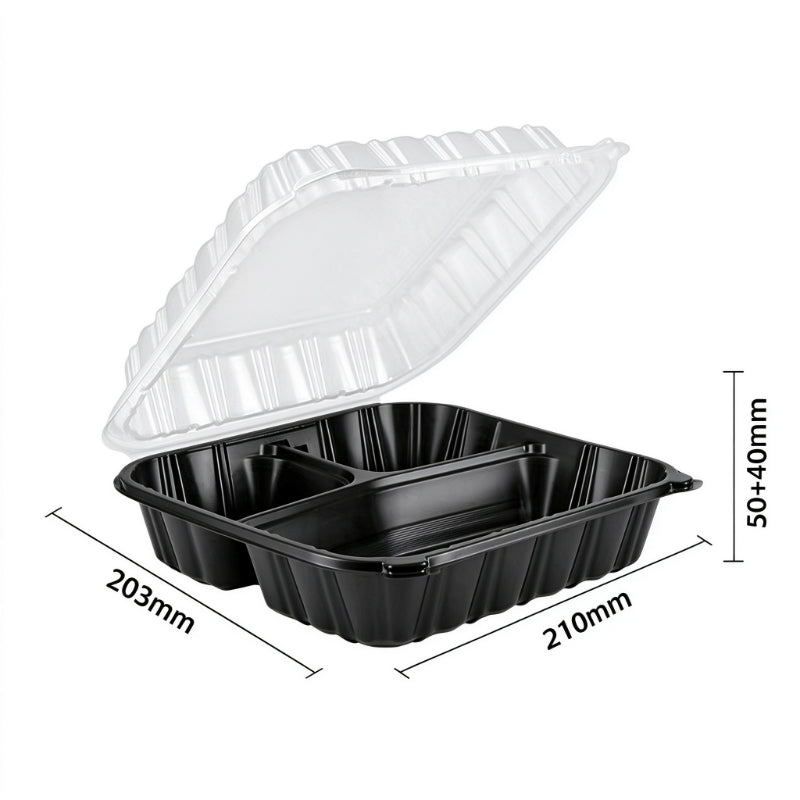 Hinged clamshell container 8x8 three compartment open clamshell with dimension callouts