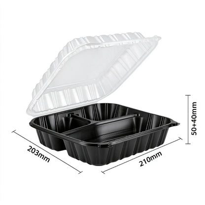 Hinged clamshell container 8x8 three compartment open clamshell with dimension callouts