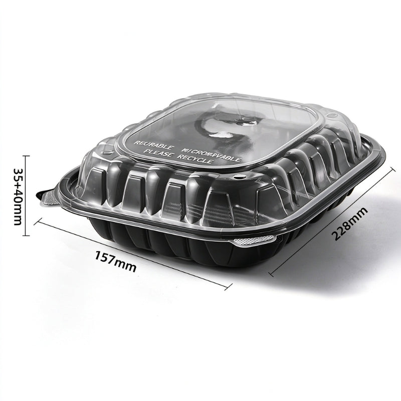 Hinged clamshell container 9x6 rectangular single compartment with dimension callouts