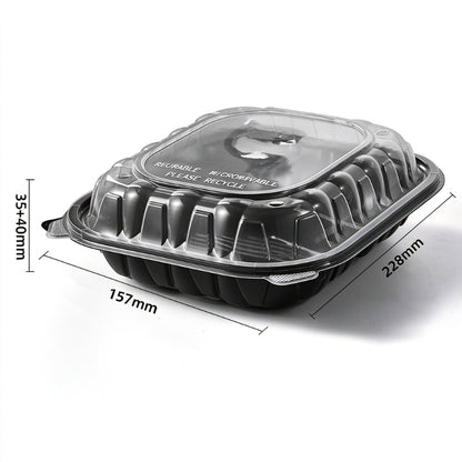Hinged clamshell container 9x6 rectangular single compartment with dimension callouts