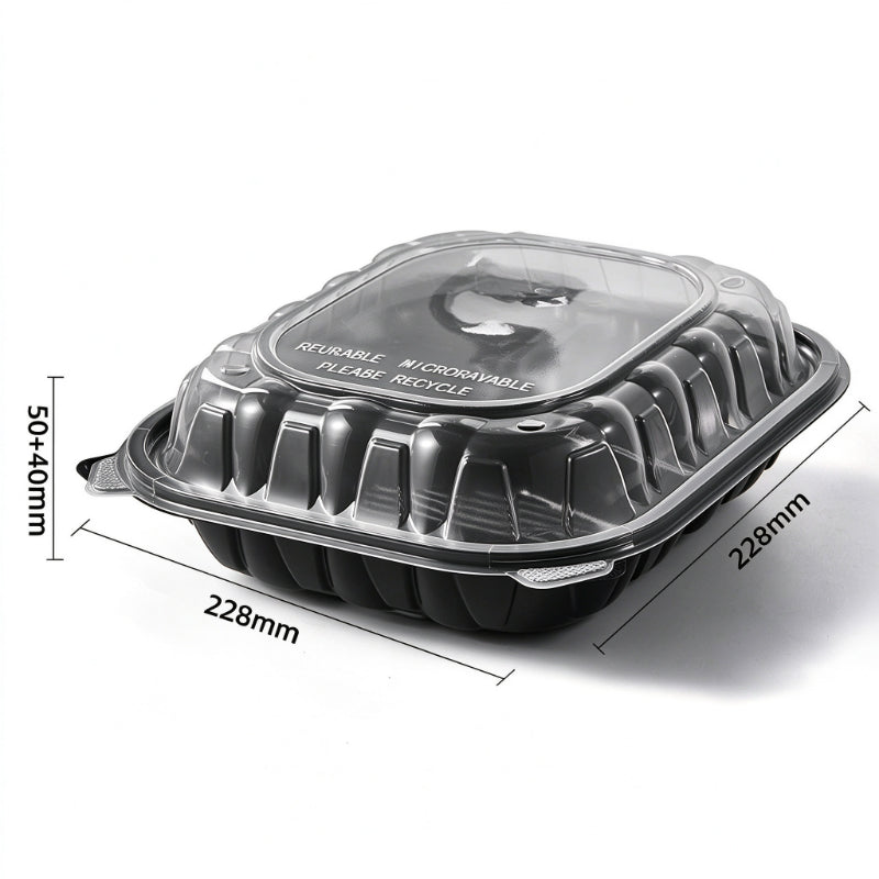 Hinged clamshell container 9x9 single compartment closed view with dimension callouts