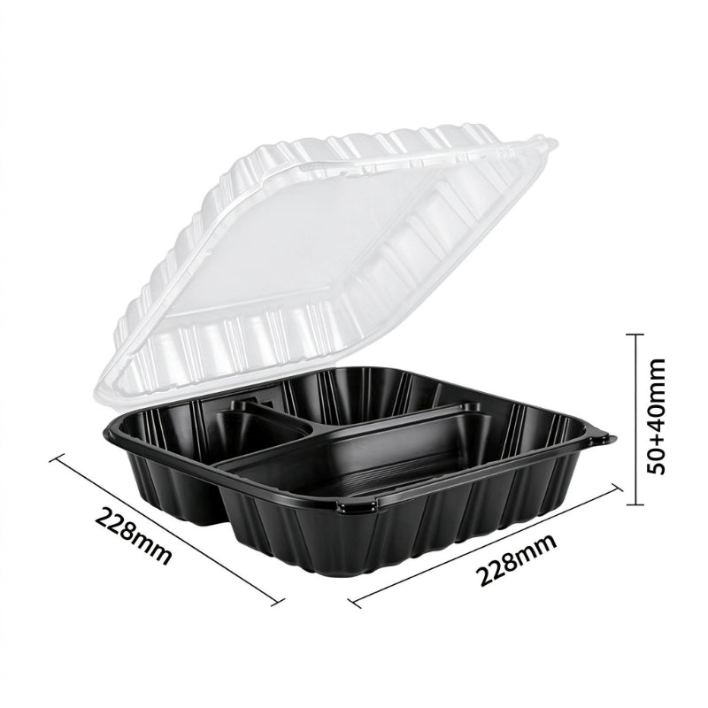 Hinged clamshell container 9x9 three compartment open clamshell with dimension callouts