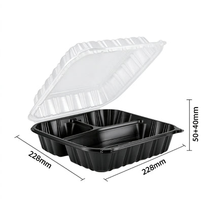 Hinged clamshell container 9x9 three compartment open clamshell with dimension callouts