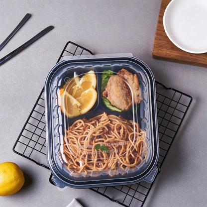 Hinged clamshell container top down perspective showing clear lid transparency and snap locks