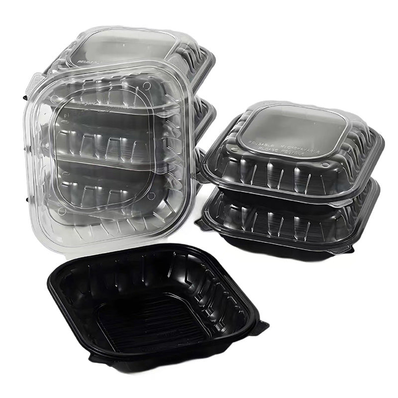 Hinged clamshell container multiple closed units nested showing compact storage profile