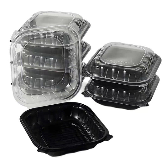 Hinged clamshell container multiple closed units nested showing compact storage profile