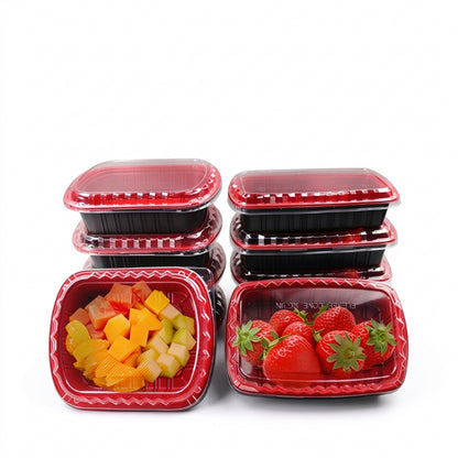 Rectangular meal container vertical stacked units showing nested base and lid alignment