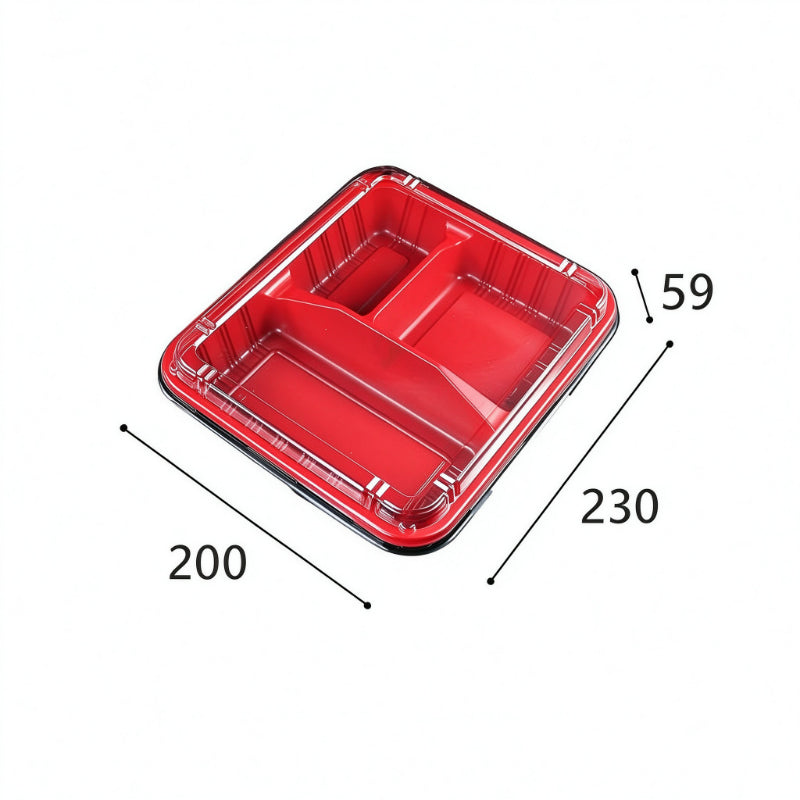 Rectangular meal container 850ml three compartment base with printed dimension callouts