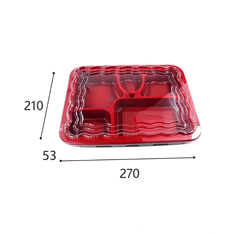 Rectangular meal container 900ml five compartment bento tray with printed dimension callouts