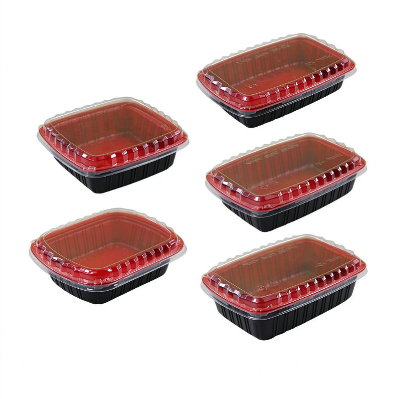 Rectangular meal container multiple sizes arranged displaying black bases and red lids