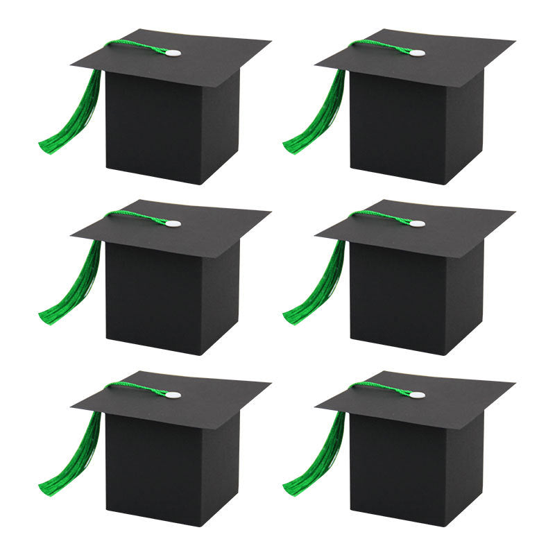 Graduation cap box black cube set with green tassels