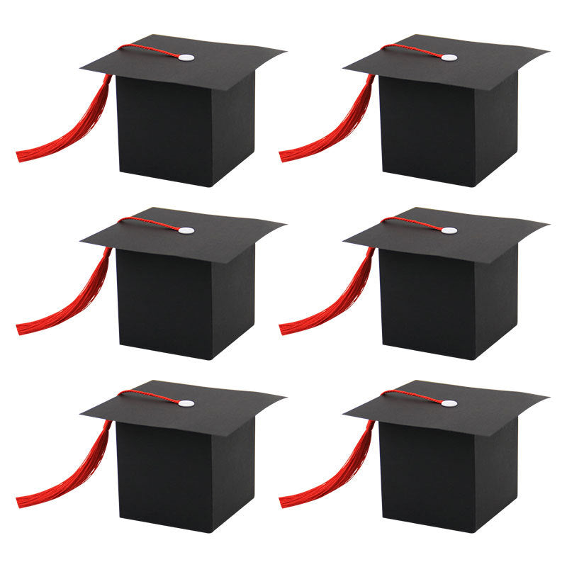 Graduation cap box black cube set with red tassels