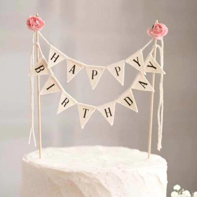 Mini bunting cake banner white floral Happy Birthday pennants