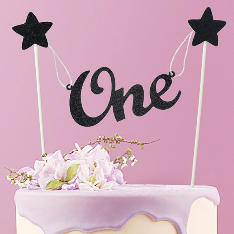 Mini bunting cake banner black glitter One with stars