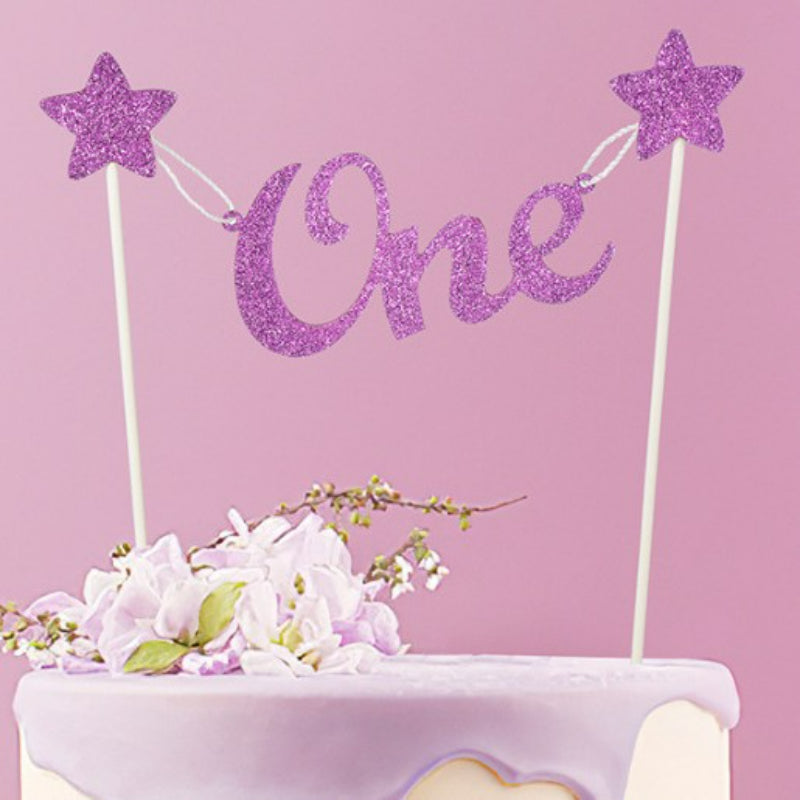 Mini bunting cake banner rose red glitter One with stars