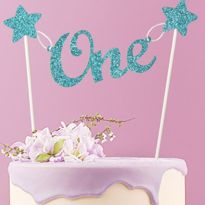 Mini bunting cake banner blue glitter One with stars