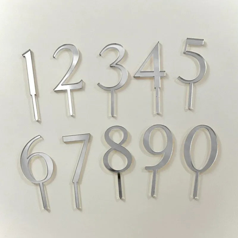 Silver acrylic number cake toppers digits 0 to 9 mirror finish