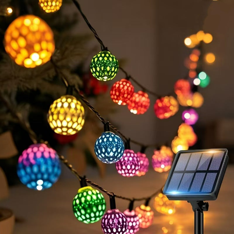 Moroccan metal globe string light multicolor strand with solar panel