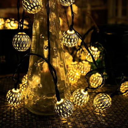 Moroccan metal globe string light silver finish warm white glow