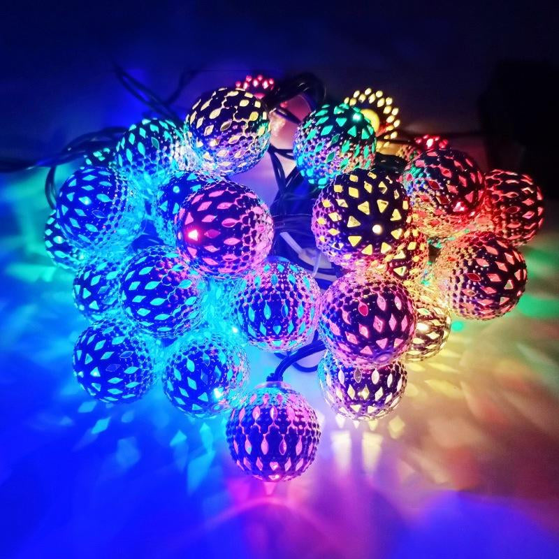 Moroccan metal globe string light clustered multicolor illuminated display