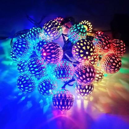 Moroccan metal globe string light clustered multicolor illuminated display