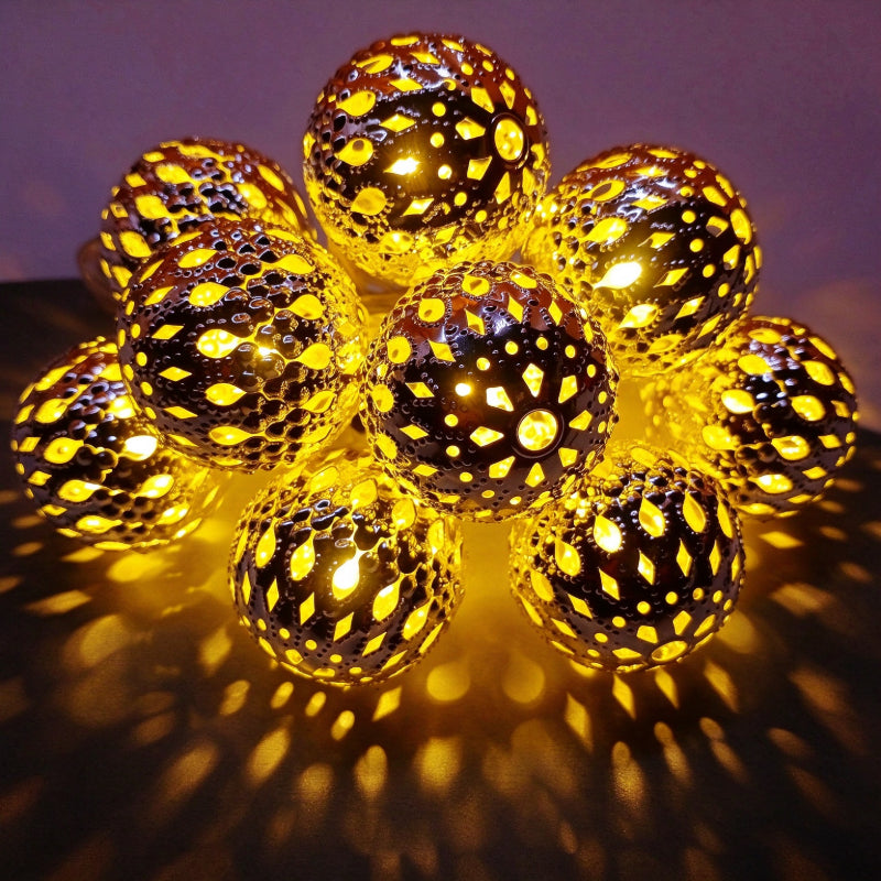 Moroccan metal globe string light gold finish warm white cluster