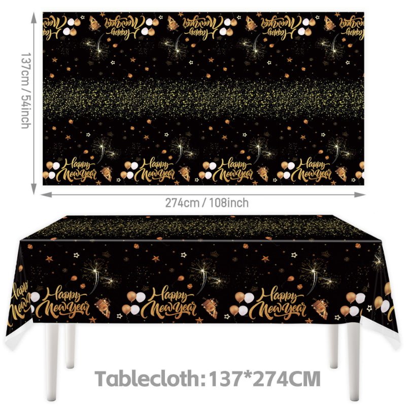 2027 Black Gold Happy New Year Party Set, Banner, Paper Plates, Paper Cups, Tablecloth & Disposable Tableware