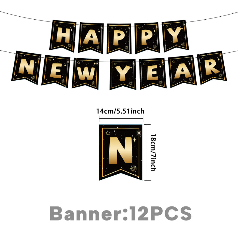 2027 Black Gold Happy New Year Party Set, Banner, Paper Plates, Paper Cups, Tablecloth & Disposable Tableware