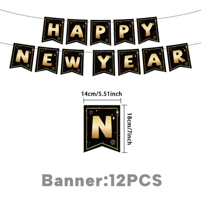 2027 Black Gold Happy New Year Party Set, Banner, Paper Plates, Paper Cups, Tablecloth & Disposable Tableware