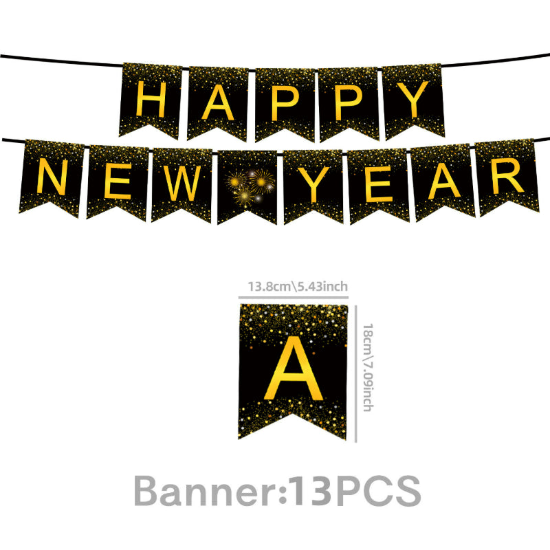 2027 Black Gold Happy New Year Party Set, Banner, Paper Plates, Paper Cups, Tablecloth & Disposable Tableware